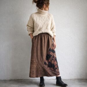 Vintage Patchwork Midi Skirt Boho Earth Tone Textured Artsy Librarian Teacher M